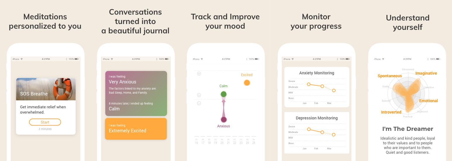 Screenshots from Youper, an app for emotional well-being.